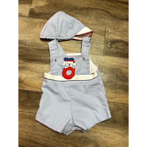 Vintage Cradle Togs Sailing Dog Embroidered Short-alls W Matching Hat 6-12 Mo - Picture 1 of 4